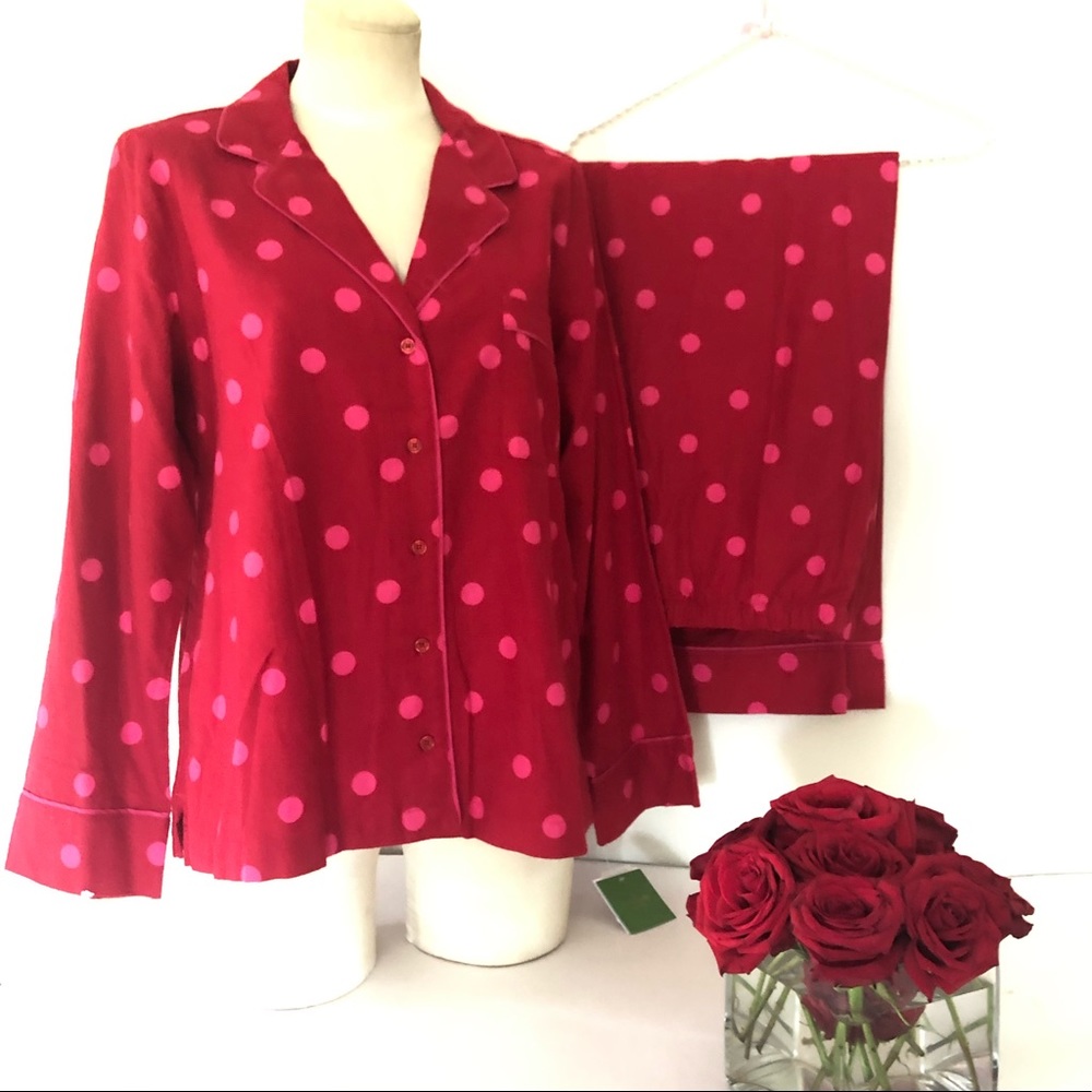 Kate Spade Red Pink Flannel Pajama Set L XLNew - Picture 2 of 8